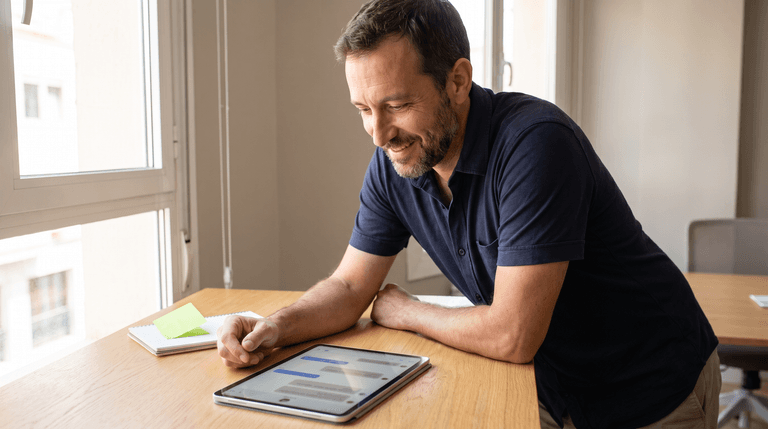 Empresario revisando en una tablet la conversación de un chatbot, ilustrando el aviso de que se trata de un asistente con inteligencia artificial