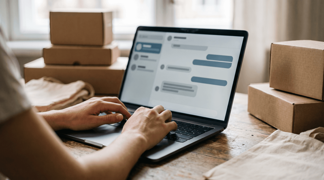 Persona revisando conversaciones de clientes y productos en una tienda online desde un portátil, sin texto visible