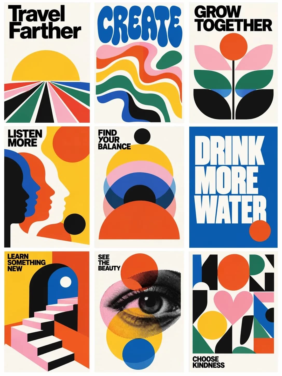 Cuadrícula de nueve carteles con letras, colores y formas geométricas