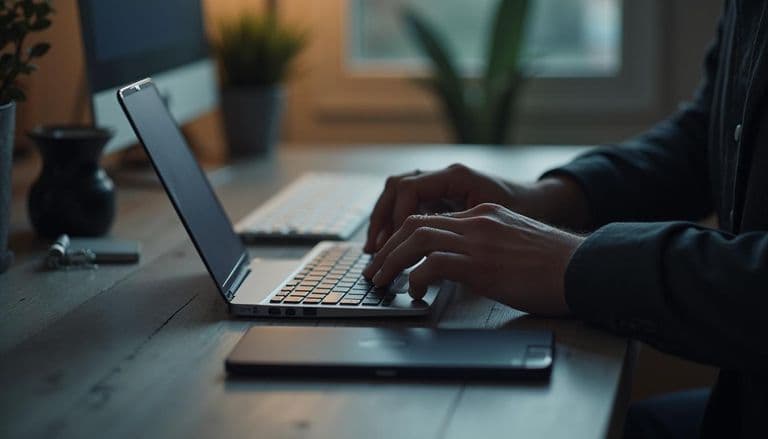 Smartphone y portátil en una mesa de trabajo, con una escena editorial sobre asistentes de voz para empresas sin texto ni logos visibles.