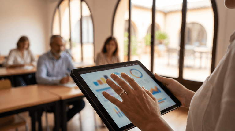 Docente revisando en una tablet el panel de admisiones y tutorías de una academia moderna, sin texto legible ni logos
