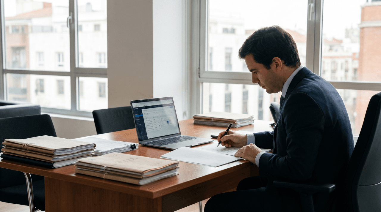 Profesional revisando documentos en un despacho con un portátil abierto.