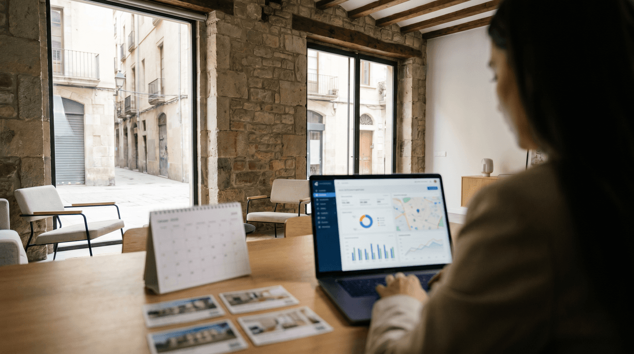 Agente inmobiliario revisando leads y calendario de visitas en una oficina moderna.