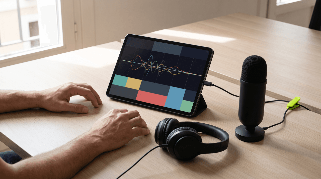 Tablet, ondas de audio, micrófono, auriculares, mesa y manos.