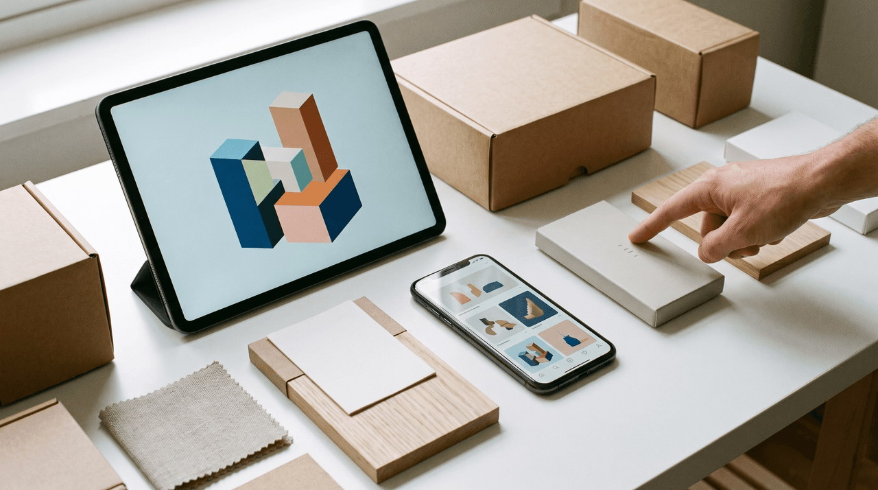 Mesa con tablet, móvil, cajas, producto, mano, tela y madera