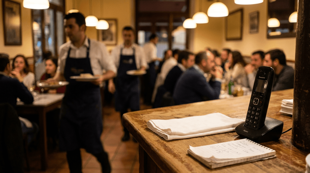 Teléfono inalámbrico y una libreta de reservas sobre la barra de madera de un restaurante lleno, con dos camareros llevando platos al fondo