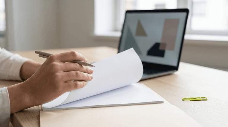 Manos revisando un contrato en una mesa de despacho con portátil y notas, sin rostros reconocibles
