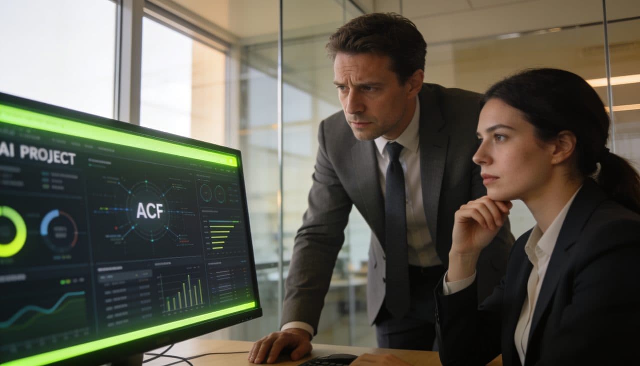 Dos directivos revisando el panel de un proyecto de IA en una oficina moderna