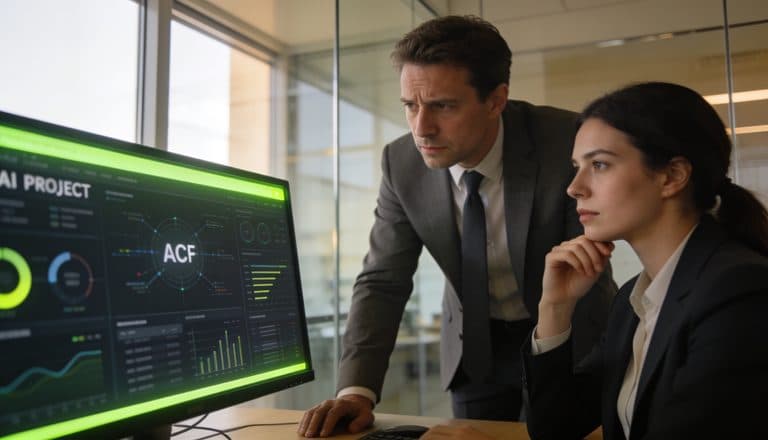 Dos directivos revisando el panel de un proyecto de IA en una oficina moderna