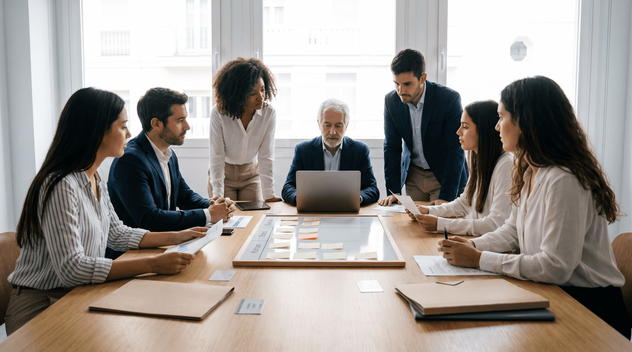 Equipo revisando tareas y documentación en una mesa de trabajo