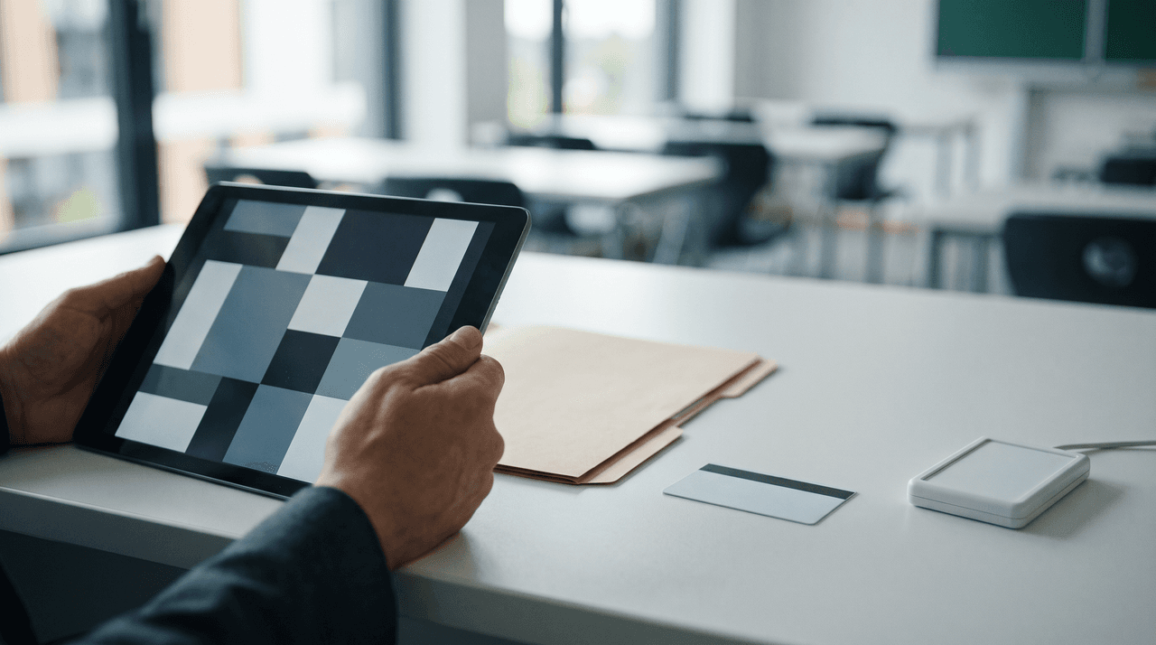 Manos con tablet en mesa de aula, pantalla de bloques, carpeta, tarjeta y datáfono
