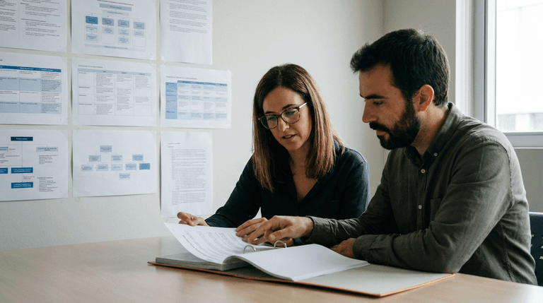 Directivos revisan documentación empresarial para mejorar el contexto de un agente de inteligencia artificial