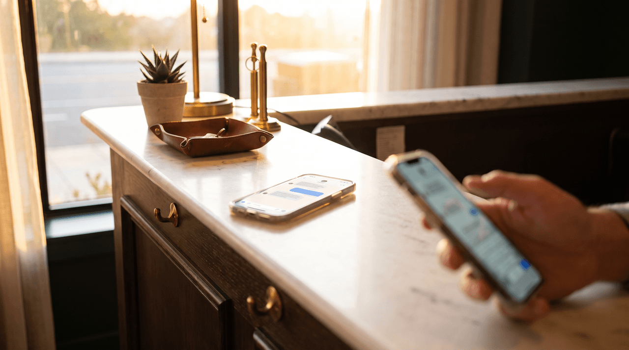Mostrador de mármol de hotel con teléfonos móviles y una pantalla de conversación de chat, una mano sobre un teléfono, lámpara de latón, objetos de latón, maceta con planta pequeña, bandeja de cuero sobre un mueble de madera oscura, y ventana con cortina y luz cálida de atardecer al fondo.