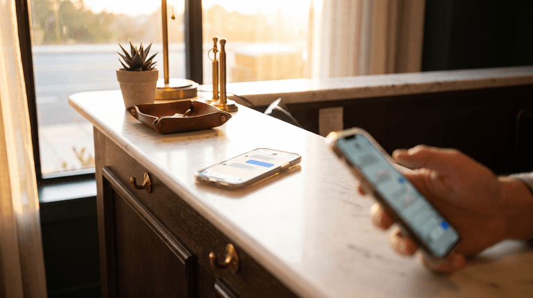 Mostrador de mármol de hotel con teléfonos móviles y una pantalla de conversación de chat, una mano sobre un teléfono, lámpara de latón, objetos de latón, maceta con planta pequeña, bandeja de cuero sobre un mueble de madera oscura, y ventana con cortina y luz cálida de atardecer al fondo.