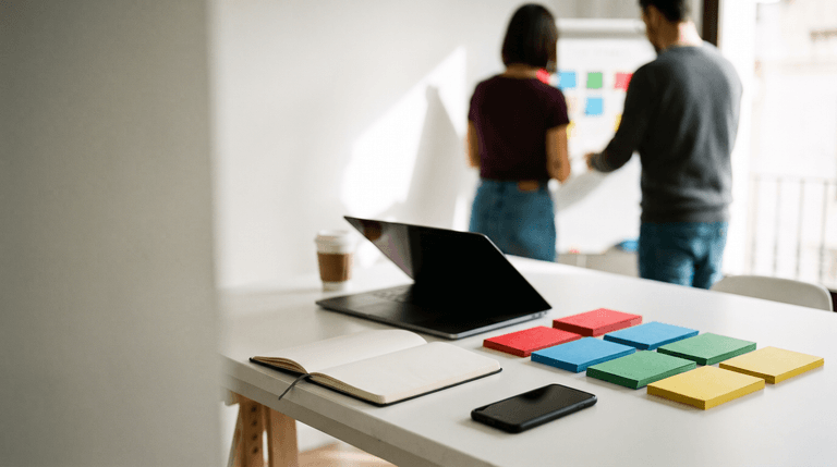 Mesa de trabajo con portátil, móvil y tarjetas de colores en una oficina colaborativa