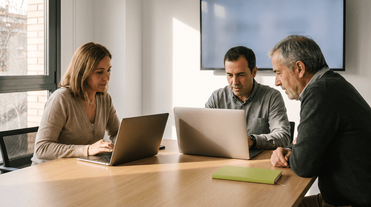 Tres profesionales, dos portátiles y una mesa de trabajo