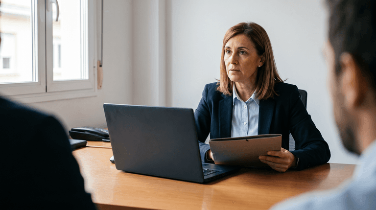 Empresaria revisando prioridades de cumplimiento en una reunión de trabajo.