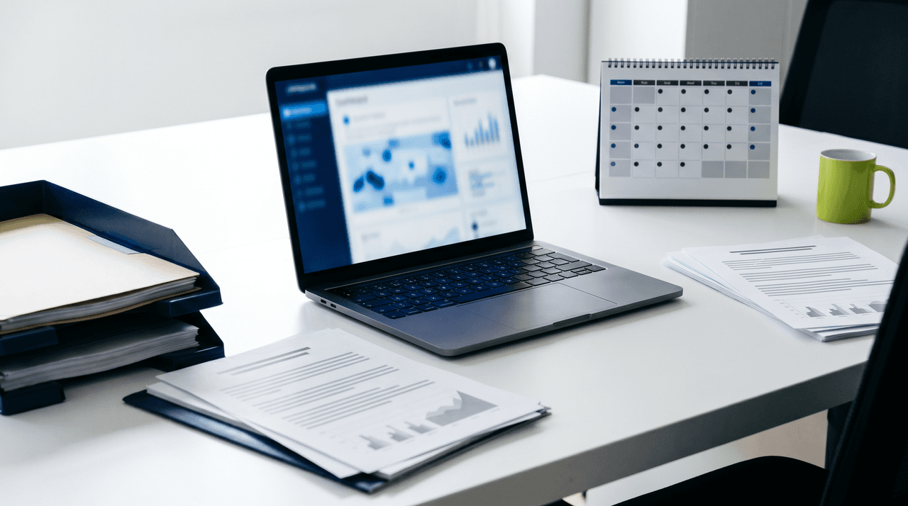 Mesa de oficina con portátil, calendario y documentos desenfocados sobre regulación de inteligencia artificial.