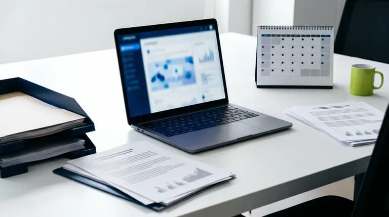 Mesa de oficina con portátil, calendario y documentos desenfocados sobre regulación de inteligencia artificial.