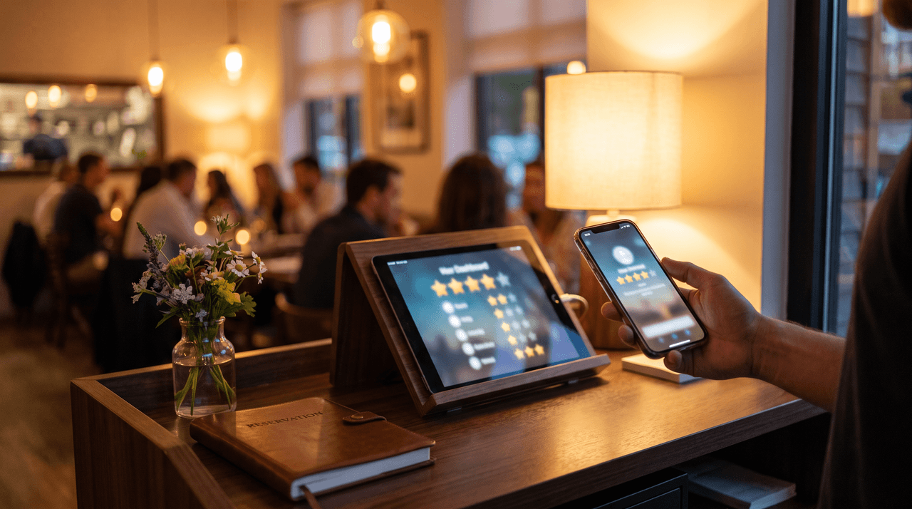 Mostrador de madera de restaurante, una tableta con una pantalla de valoraciones y estrellas, un teléfono en una mano, un jarrón con flores silvestres, un cuaderno de reservas de piel, una lámpara de mesa encendida y un comedor desenfocado con clientes al fondo.