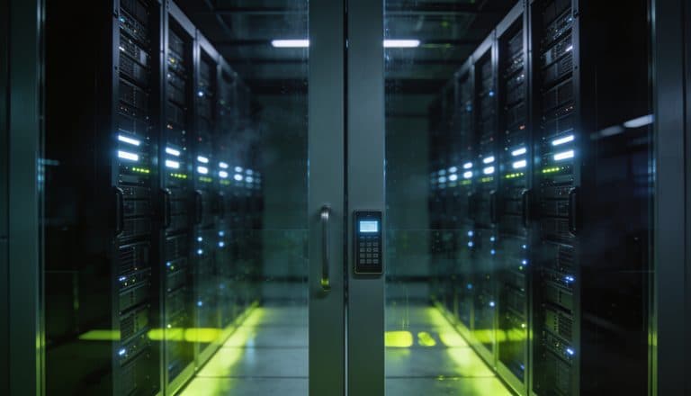 Pasillo de un centro de datos con racks de servidores tras una puerta de cristal de seguridad con panel de control de acceso, que representa el acceso restringido a GPT-5.6.