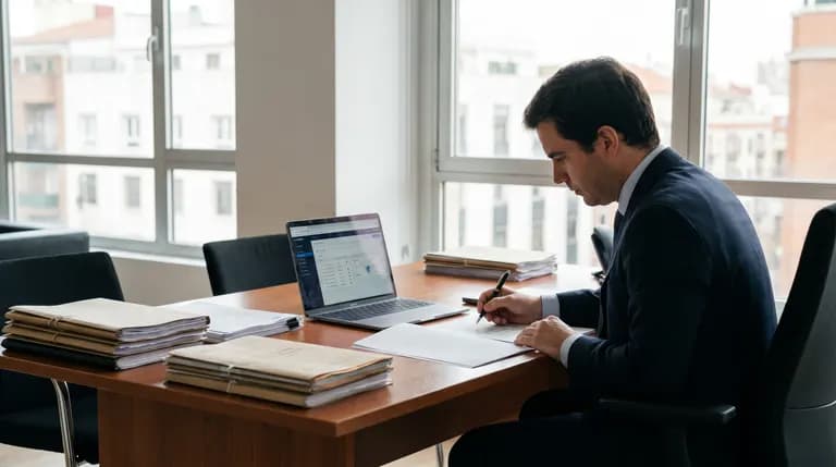 Profesional revisando documentos en un despacho con un portátil abierto.
