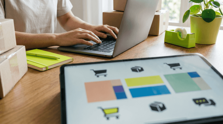 Mesa de trabajo de una tienda online con portátil, paquetes y una tablet con iconos abstractos de ecommerce.