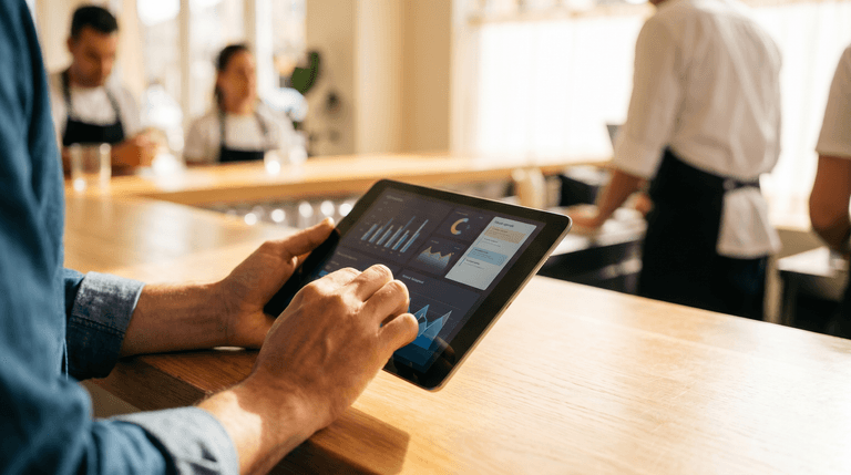 Equipo de hostelería revisando reservas y mensajes de clientes en una tablet dentro de un restaurante moderno