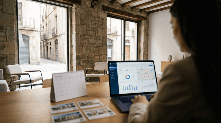 Agente inmobiliario revisando leads y calendario de visitas en una oficina moderna.