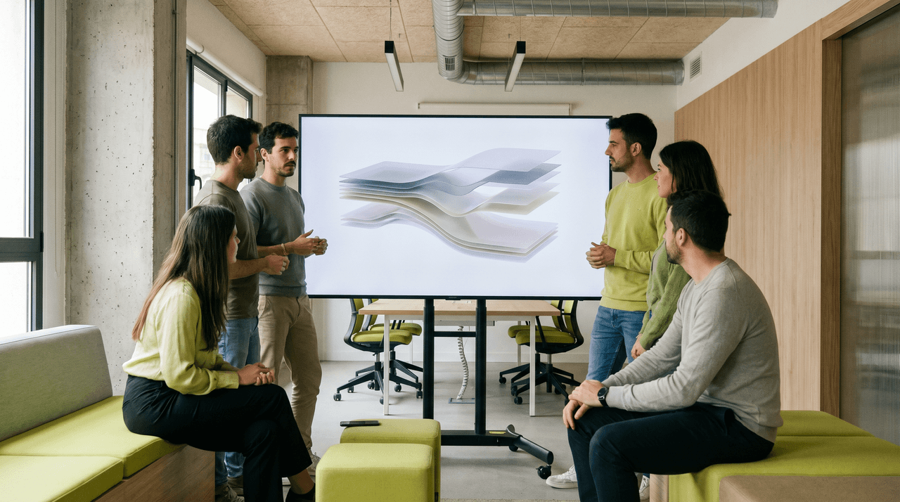 Equipo revisando una arquitectura multi-modelo de inteligencia artificial para empresa en una pantalla