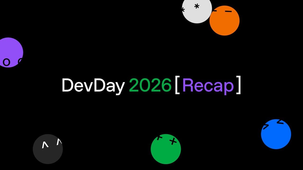 Texto DevDay 2026 Recap sobre fondo negro, rodeado de círculos de colores morado, blanco, naranja, gris, verde y azul con caras sencillas.