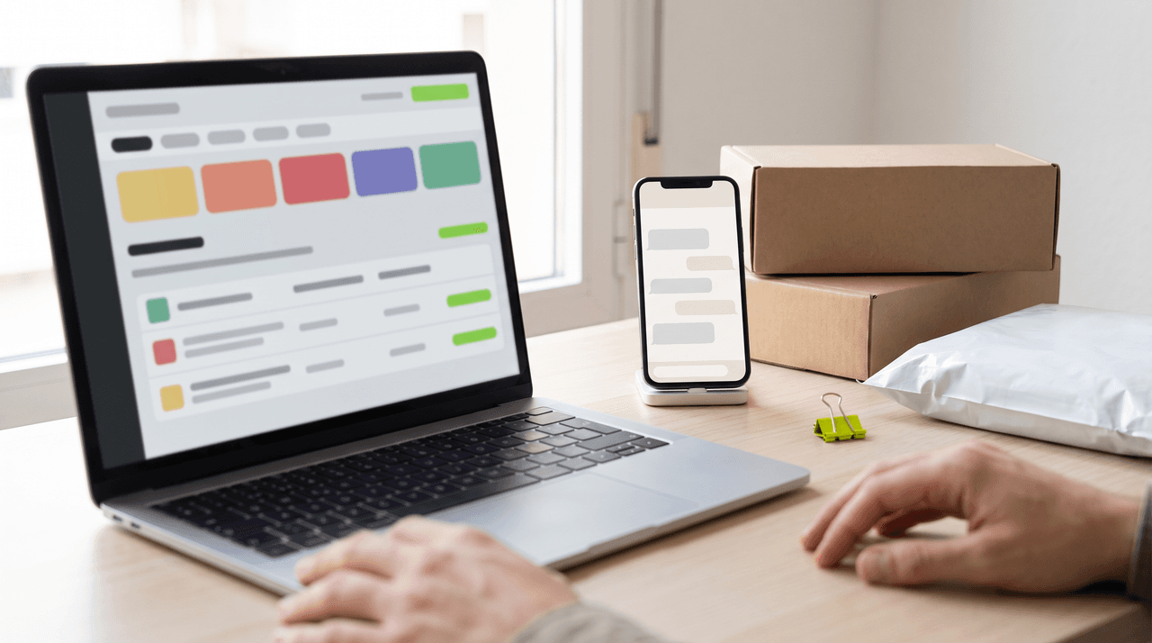 Mesa de trabajo de ecommerce con móvil mostrando una conversación de atención al cliente y un portátil con panel de pedidos, sin texto legible.