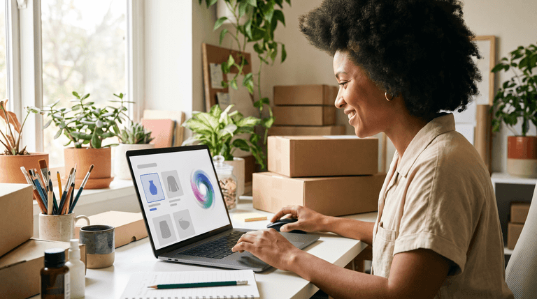 Persona sonriente revisa tarjetas de producto en un portátil, en un estudio de comercio electrónico con cajas y plantas