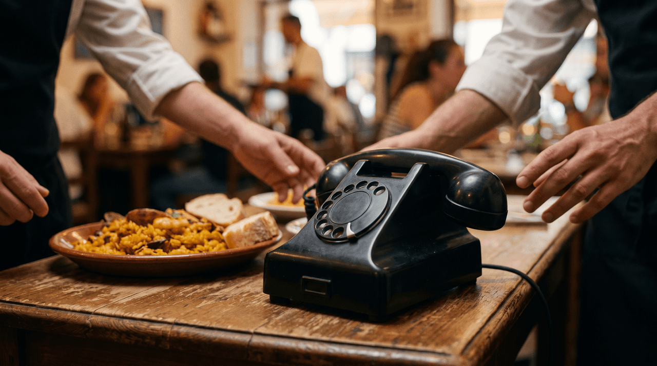 Teléfono de restaurante junto a una libreta de reservas y una sala desenfocada al fondo