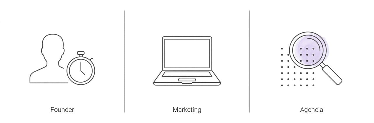 Tres viñetas que resumen cómo afecta Claude Design a un founder, a un equipo de marketing y a una agencia: validar en horas, menos dependencia de diseño interno y criterio como activo principal.