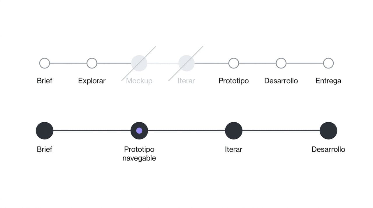 Diagrama que compara el flujo tradicional de entrega de diseño de siete pasos con el flujo reducido a cuatro pasos que permite Claude Design.
