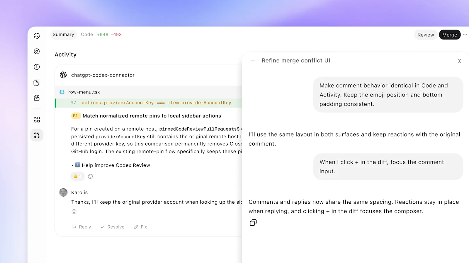 Pantalla de revisión de código de Codex con los cambios de un archivo, comentarios del equipo y un panel de conversación con Codex.
