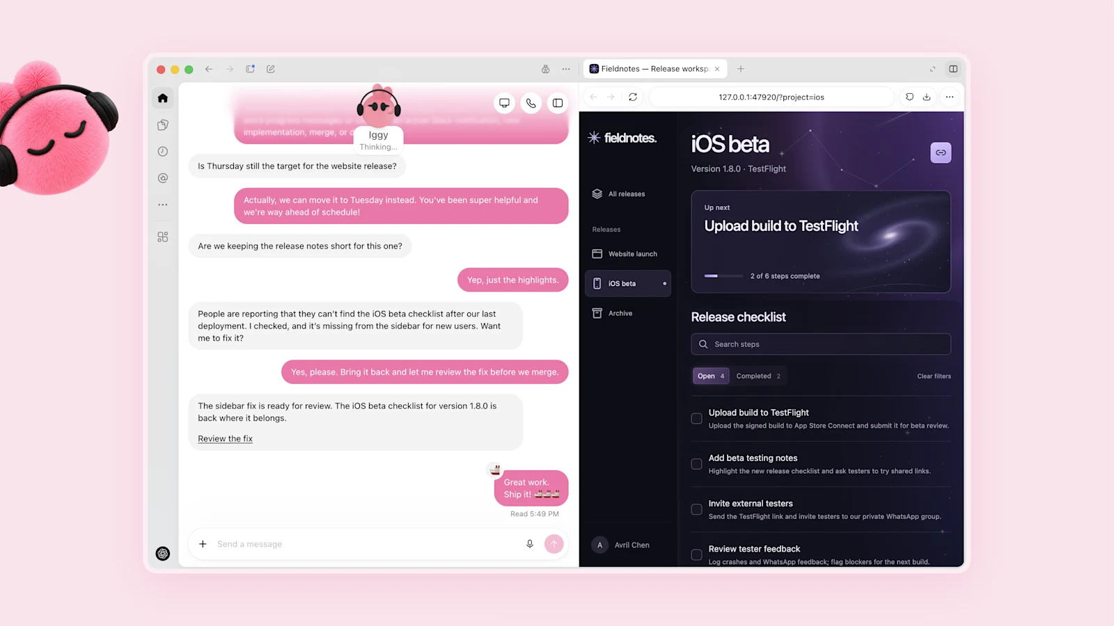 Un dot rosa prepara una corrección en la lista de comprobación de una beta de iOS, junto a la conversación con el usuario.