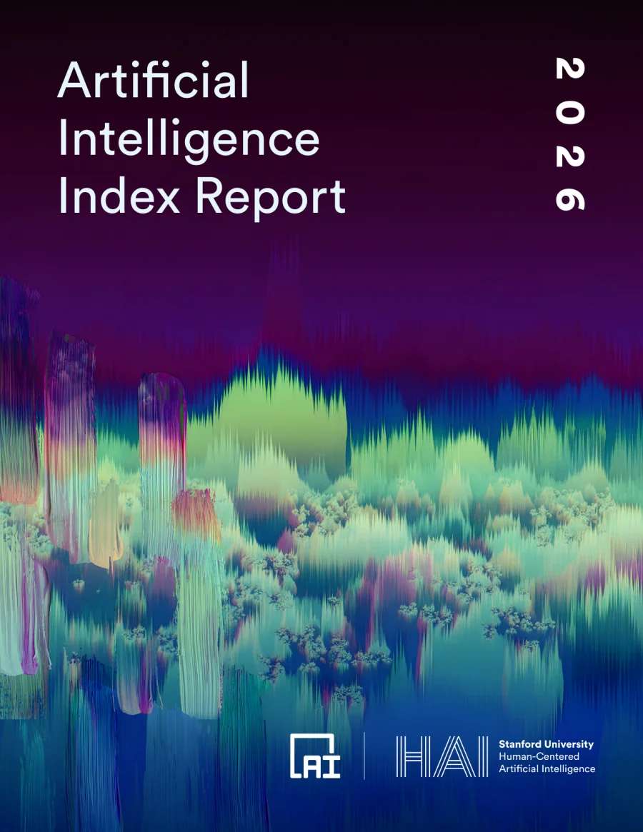 Portada del Artificial Intelligence Index Report 2026 de Stanford HAI, con una ilustración de vegetación en tonos verdes y morados.
