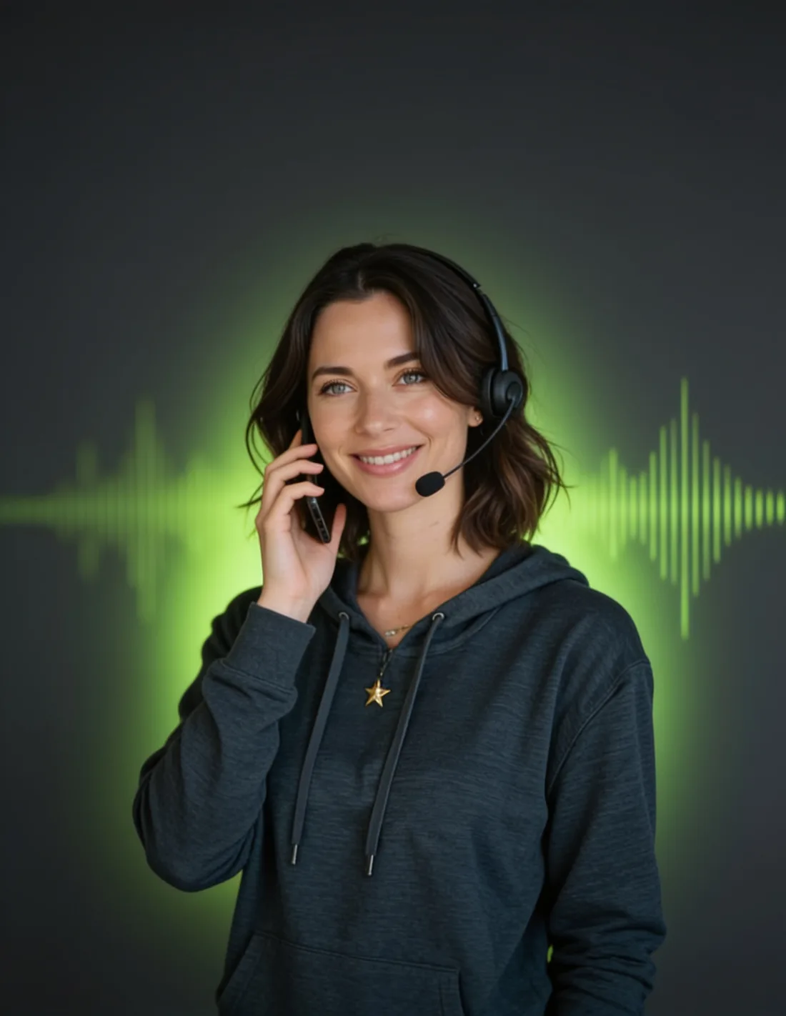 Lia, el voicebot de Aimoova, atendiendo una llamada con auriculares y micrófono